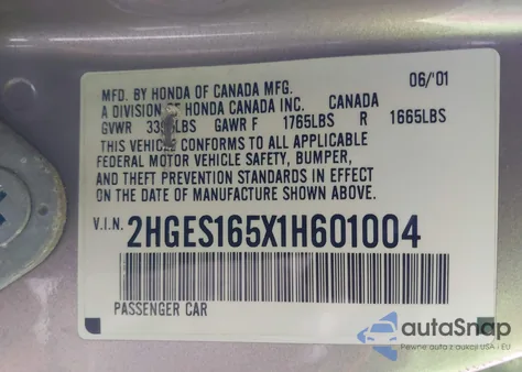 2001 Honda Civic Lx из США, поврежденный, VIN 2HGES165X1H601004